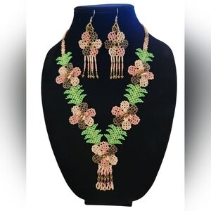 Hand Crafted Floral Seed Bead Necklace & Earring Set